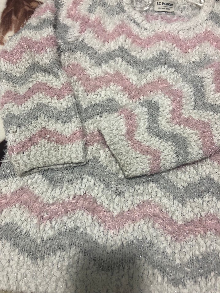 Gri Pembe Dalgalı Desenli kız çocuk Triko Kazak - Görsel 5