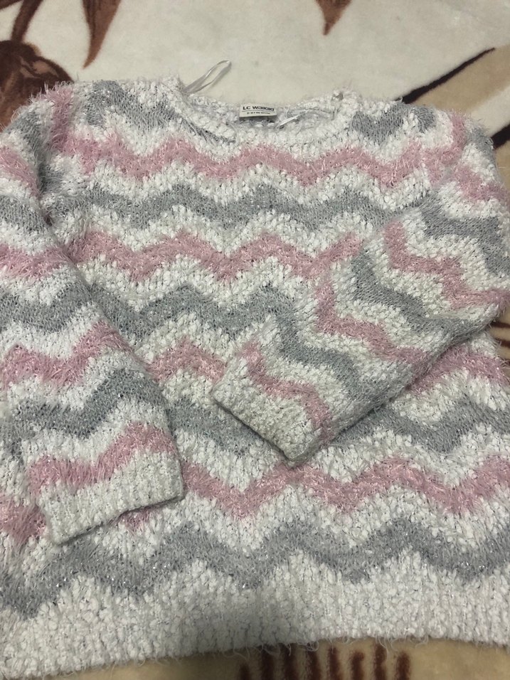 Gri Pembe Dalgalı Desenli kız çocuk Triko Kazak - Görsel 2