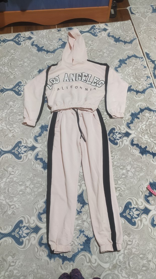 Baskılı Kemerli Pembe Kapüşonlu Eşofman Takımı - Görsel 2