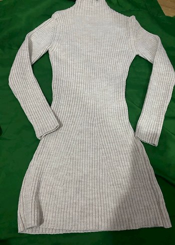 Bej Yün Yüksek Yakalı Triko Elbise - Görsel 2