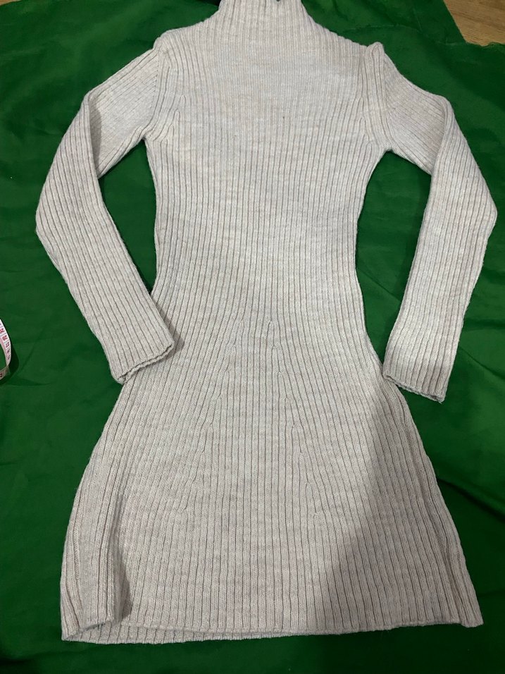 Bej Yün Yüksek Yakalı Triko Elbise - Görsel 2