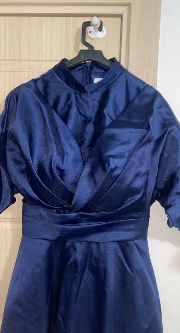 Lacivert Drapeli Uzun Kollu Kadın abiye - Görsel 2