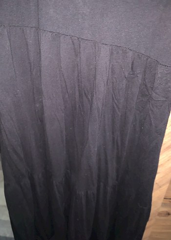 Siyah V Yaka Midi Keten Elbise - Görsel 3