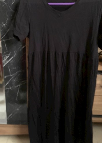 Siyah V Yaka Midi Keten Elbise - Görsel 2