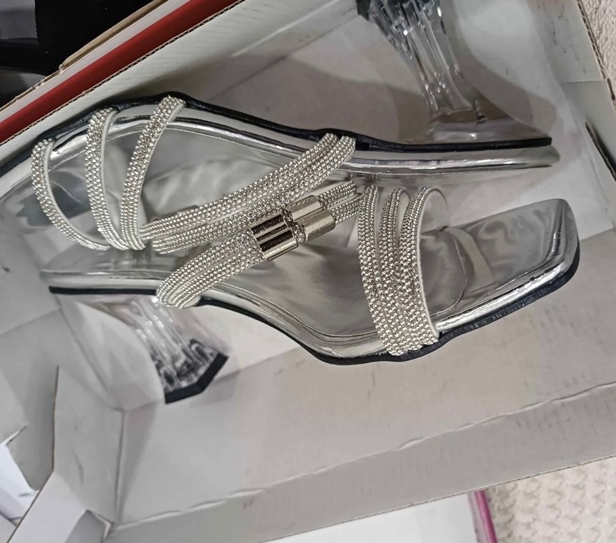 Gri Parlak Taşlı Stiletto Kadın Abiye Ayakkabı - Görsel 3