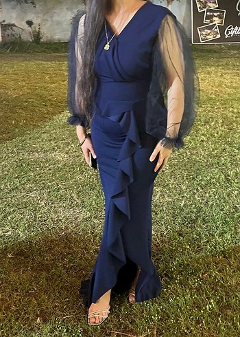 Lacivert Uzun Kollu Drapeli Abiye Elbise - Görsel 2