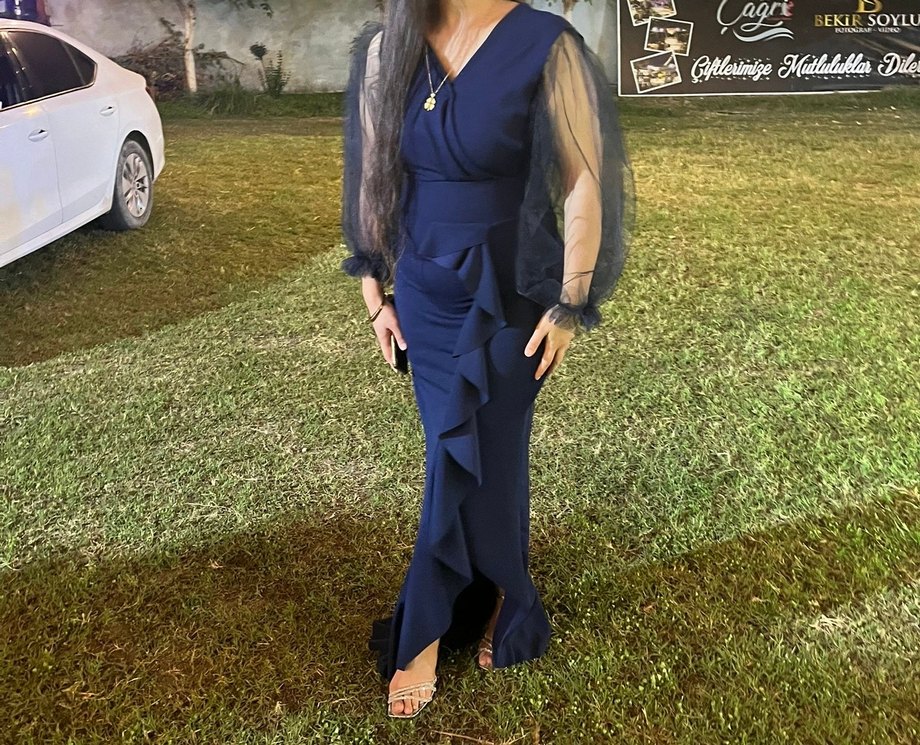 Lacivert Uzun Kollu Drapeli Abiye Elbise - Görsel 2