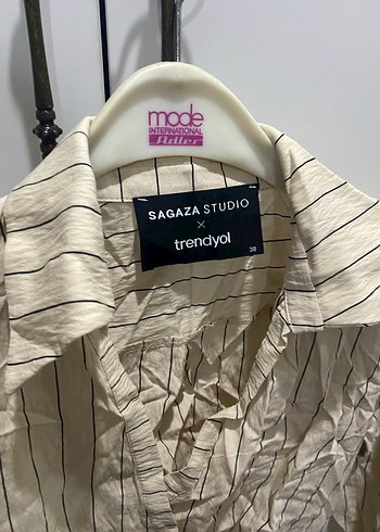 Sagaza Madrid Sagaza Bej Desenli Uzun Kollu Keten Kadın Gömlek