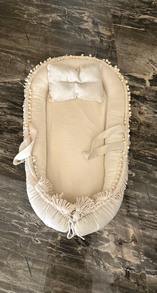 Krem Renkli Keten Bebek Uyku Yatağı - Görsel 2