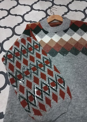 Kadın Bohem Desenli Boğazlı Triko Kazak - Görsel 2