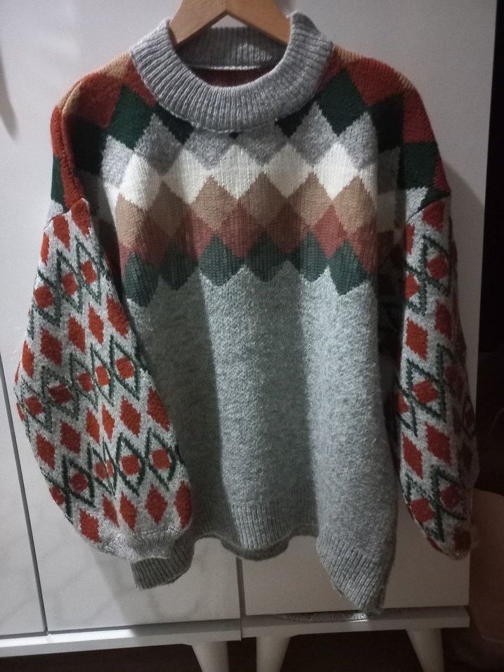 Kadın Bohem Desenli Boğazlı Triko Kazak - Görsel 4