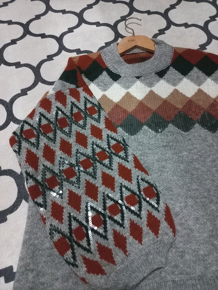 Kadın Bohem Desenli Boğazlı Triko Kazak - Görsel 2