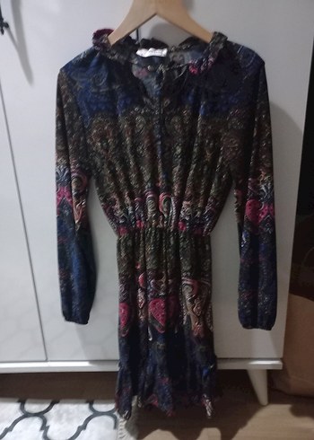 Uzun Kollu Desenli Bohem Mini Elbise - Görsel 5