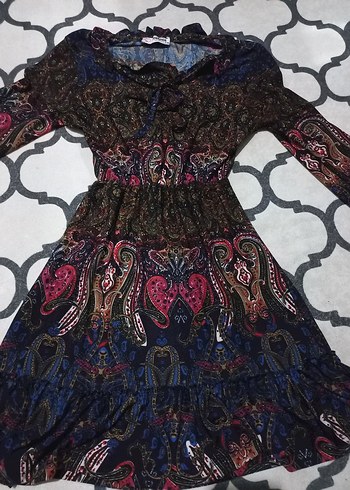 Uzun Kollu Desenli Bohem Mini Elbise - Görsel 2