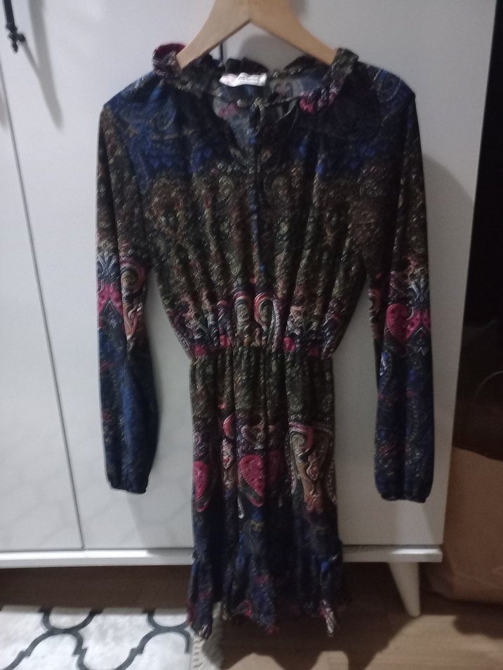 Uzun Kollu Desenli Bohem Mini Elbise - Görsel 5