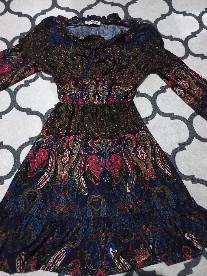 Uzun Kollu Desenli Bohem Mini Elbise - Görsel 2