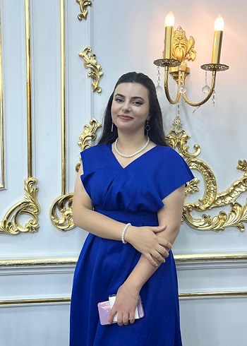 Abiye Mavi V Yakalı Drapeli Midi Abiye Elbise