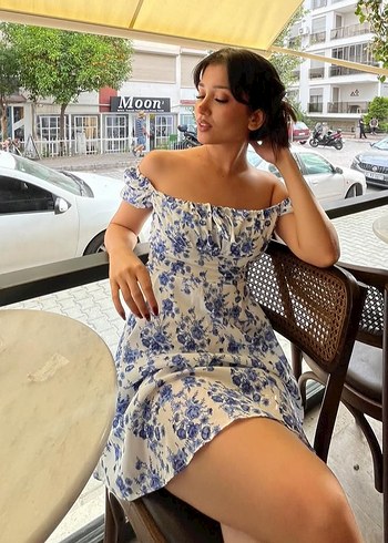 Mavi Straplez Mini Çiçekli Elbise - Görsel 2