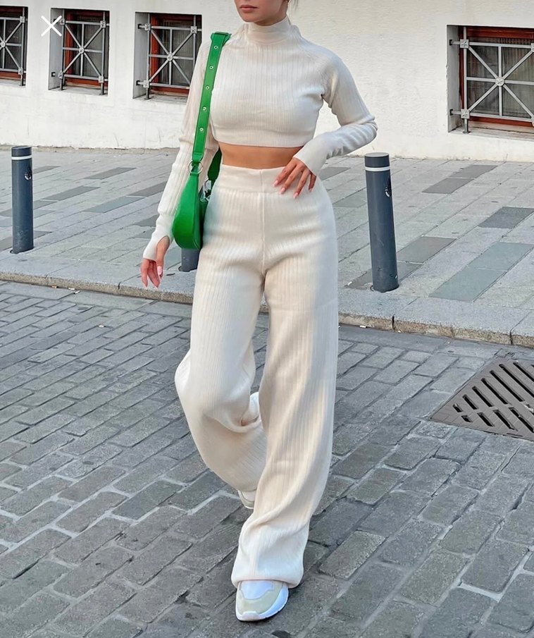 Bej Yarım Balıkçı Örgü Crop Kazak Pantolon Triko Takım - Görsel 3