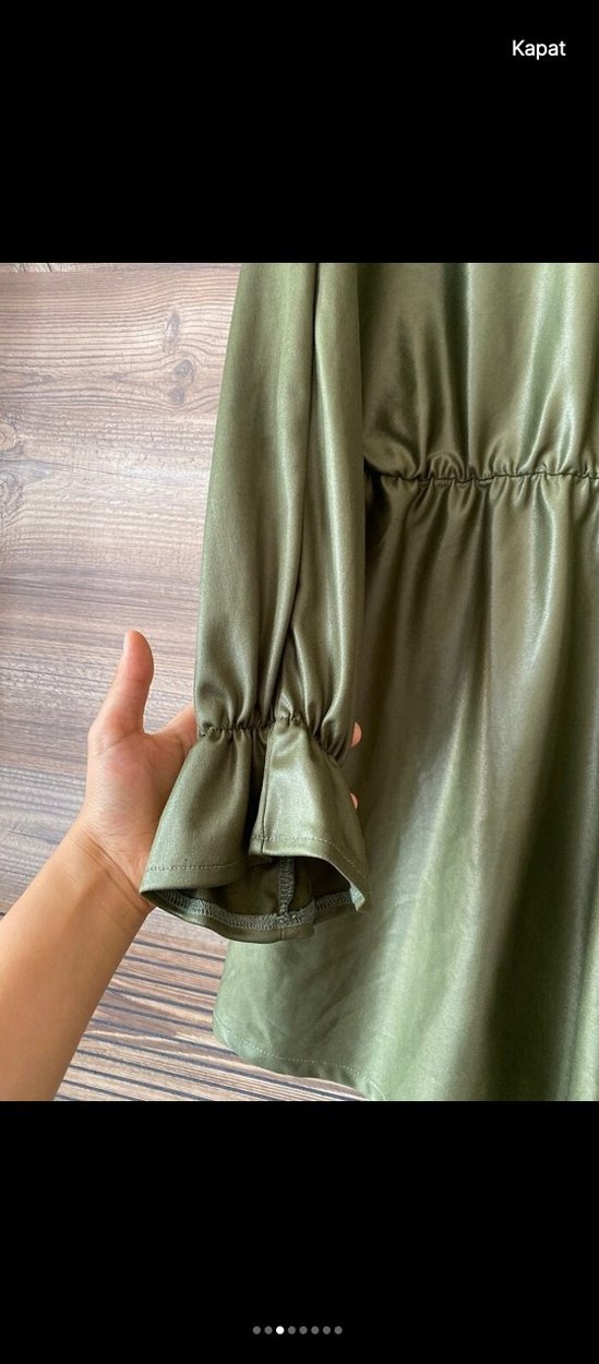 Kadın Haki Deri Uzun Kollu Salaş Tunik - Görsel 3