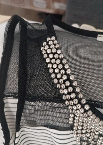 Demir işlemeli Detaylı Çizgili kısa Kadın abiye - Görsel 4