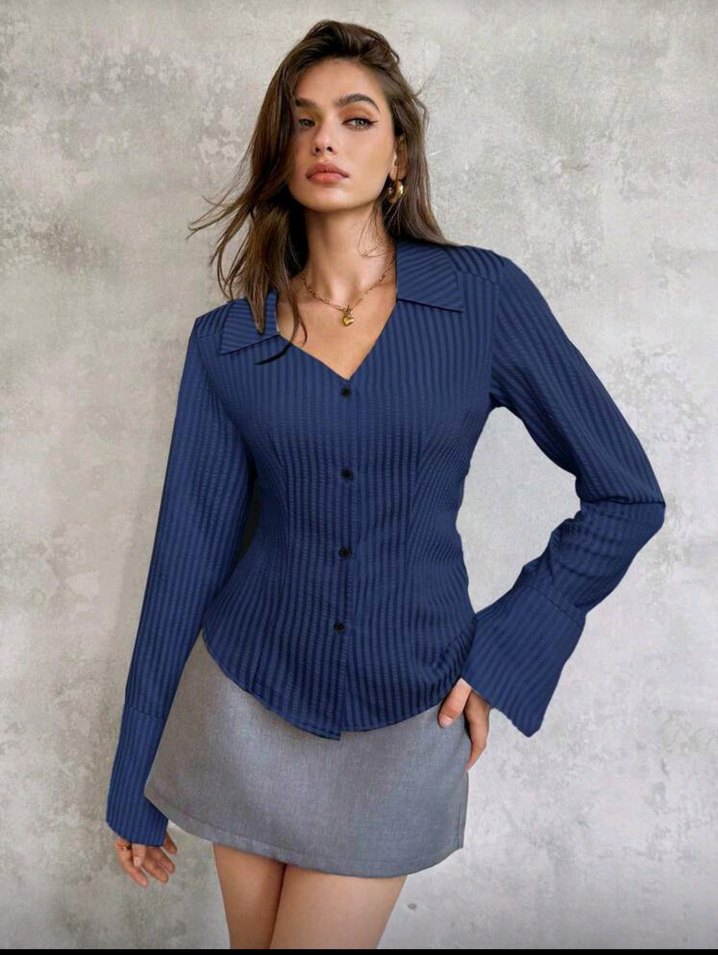 Düğmeli V Yaka Mavi Kadın Gömlek shine gömlek vintage - Görsel 3