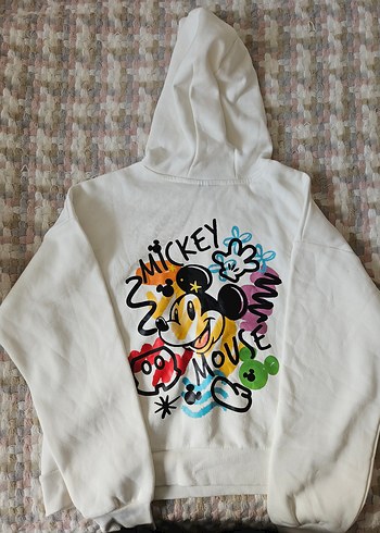 xs Beden Beyaz Kapüşonlu Baskılı Kadın Sweatshirt Mickey Mouse Baskılı