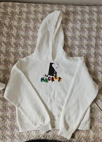 Beyaz Kapüşonlu Baskılı Kadın Sweatshirt Mickey Mouse Baskılı