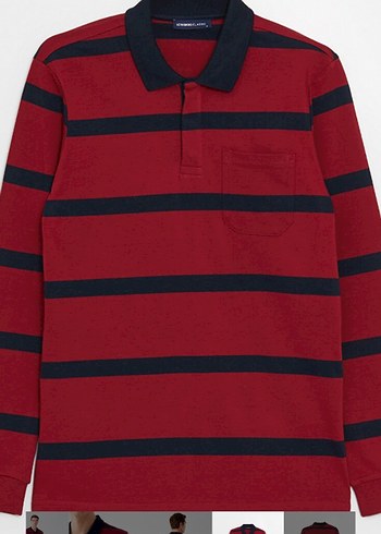 Bordo Çizgili Uzun Kollu Polo Tişört - Görsel 6