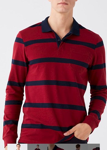 Bordo Çizgili Uzun Kollu Polo Tişört - Görsel 2