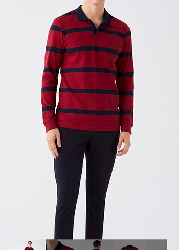 Bordo Çizgili Uzun Kollu Polo Tişört - Görsel 3