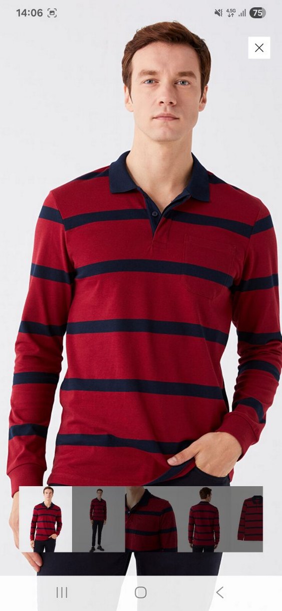 Bordo Çizgili Uzun Kollu Polo Tişört - Görsel 2