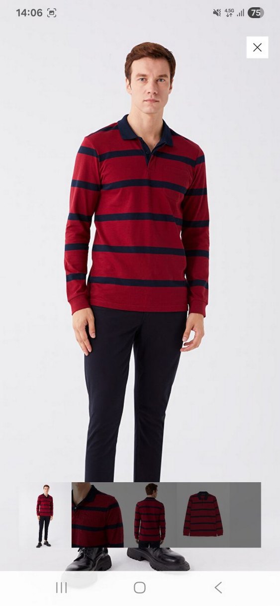 Bordo Çizgili Uzun Kollu Polo Tişört - Görsel 3