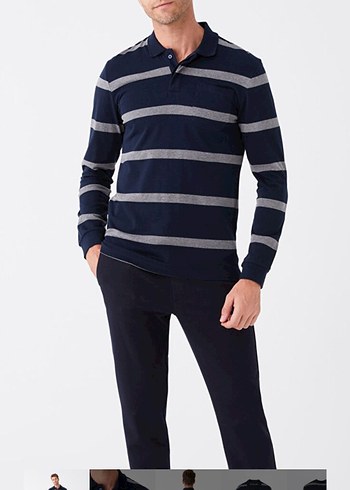 Çizgili Uzun Kollu Polo Tişört - Görsel 3