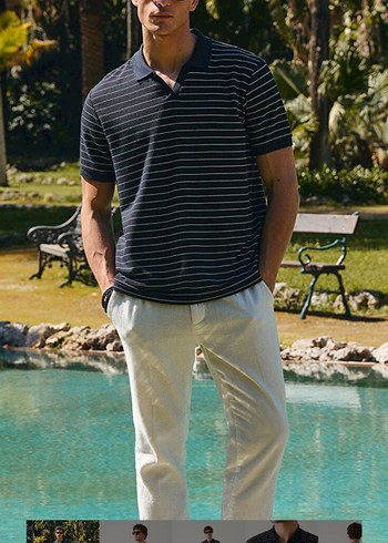 Düğmeli Siyah Çizgili V Yaka Polo Tişört - Görsel 7