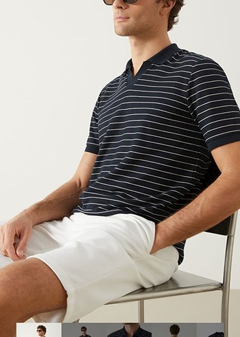 Düğmeli Siyah Çizgili V Yaka Polo Tişört - Görsel 6