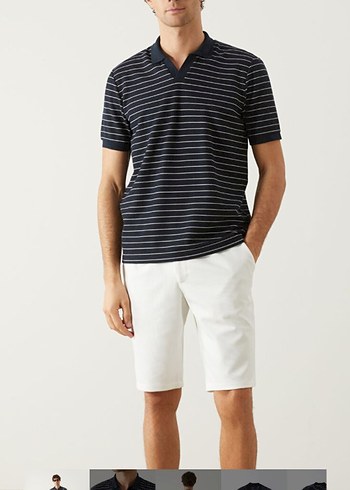 Düğmeli Siyah Çizgili V Yaka Polo Tişört - Görsel 5