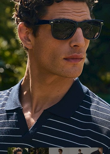 Düğmeli Siyah Çizgili V Yaka Polo Tişört - Görsel 8