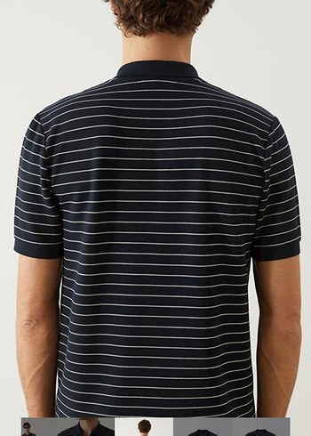 Düğmeli Siyah Çizgili V Yaka Polo Tişört - Görsel 3
