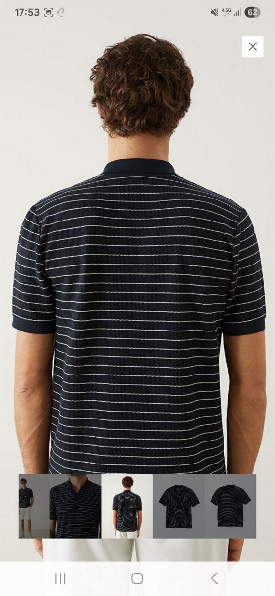 Düğmeli Siyah Çizgili V Yaka Polo Tişört - Görsel 3