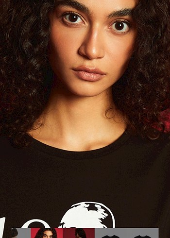 Siyah Baskılı Kadın Kısa Kollu Tişört - Görsel 8