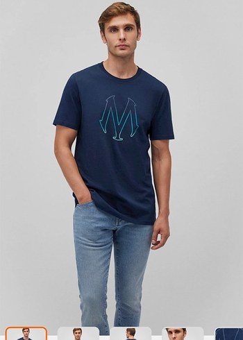 Erkek Lacivert Baskılı Denim Tişört