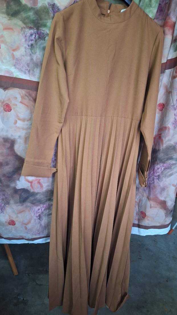 Bej Uzun Kollu Piliseli Uzun Elbise - Görsel 4