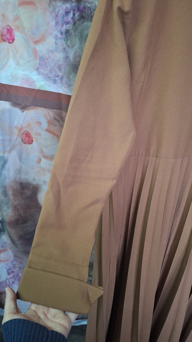 Bej Uzun Kollu Piliseli Uzun Elbise - Görsel 5