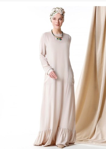 Bej Uzun Keten Elbise, Salaş Kesim - Görsel 2