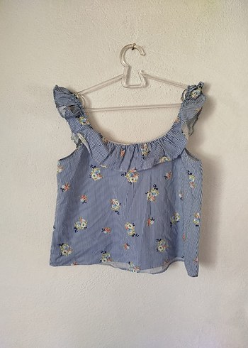 Mavi Çiçek Desenli Fırfırlı Kolsuz Bluz