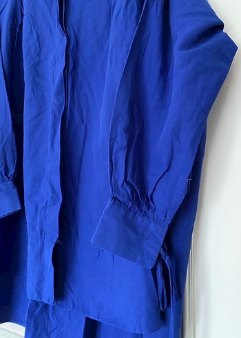 Düğmeli Uzun Kollu Mavi Keten Kadın Gömlek - Görsel 4