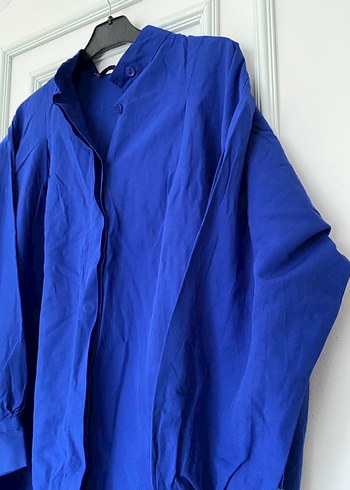 Düğmeli Uzun Kollu Mavi Keten Kadın Gömlek - Görsel 3