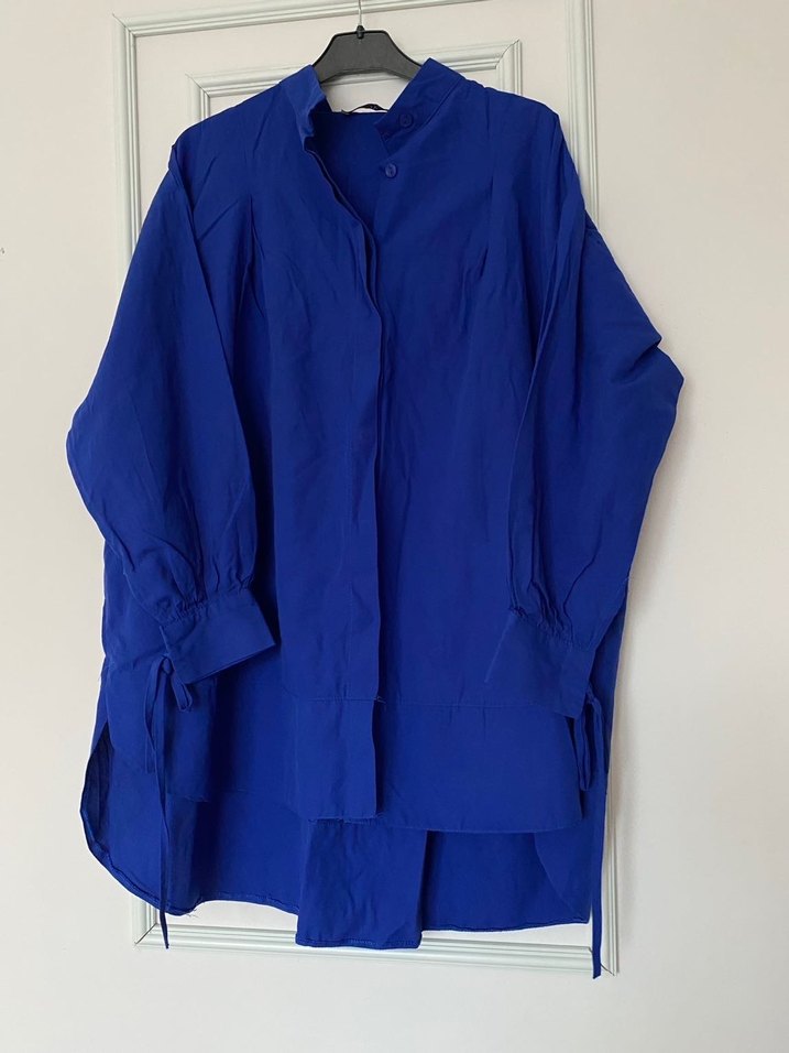 Düğmeli Uzun Kollu Mavi Keten Kadın Gömlek - Görsel 2