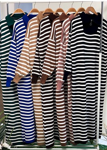 Pudra Renkli Çizgili Kadın Triko Elbise - Görsel 2